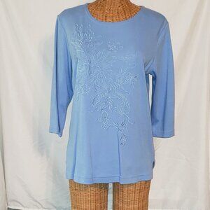 Ladies BLAIR 3/4 Sleeve Crew Neck Floral Embellished Tunic in Blue - S